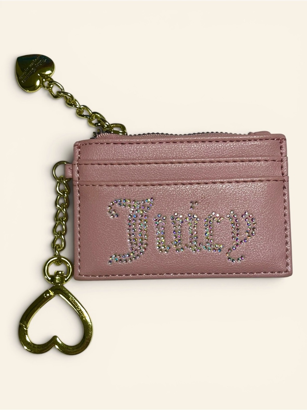 Juicy Couture Blush Pink Crystal Logo Card Holder with Gold Heart Charm